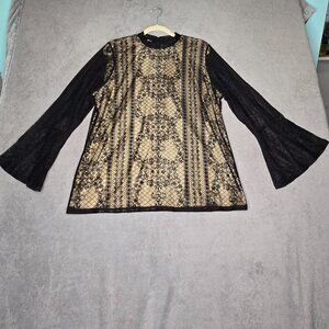 NEW Midnight Velvet Top Women's XL Bell Sleeve Black Lace Nude Tan Lined Blouse